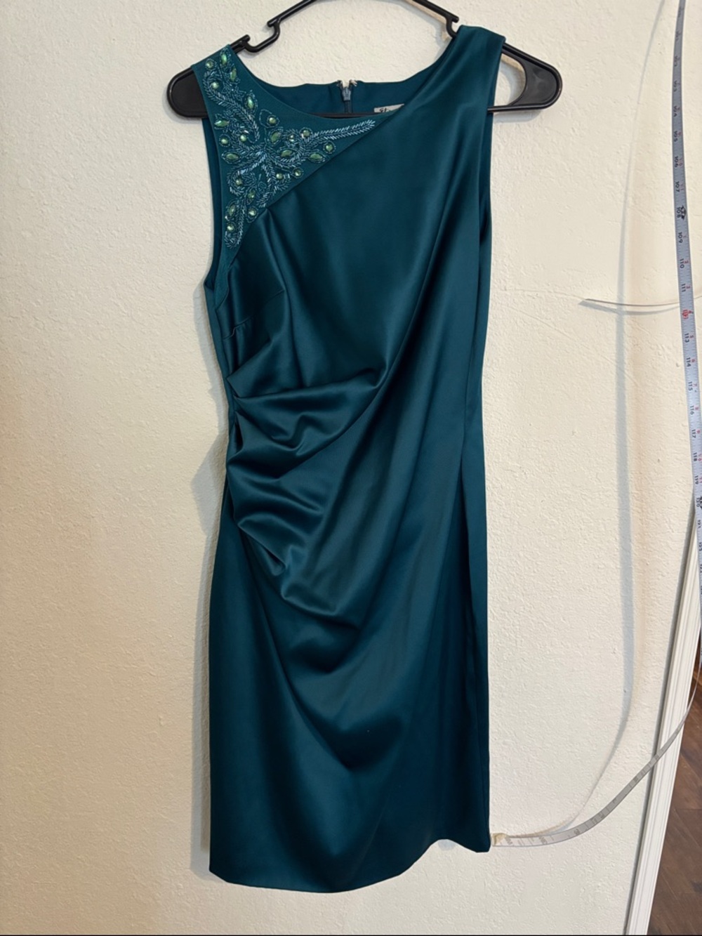 Eliza J Teal One-Shoulder Midi Dress with Beaded Shoulder